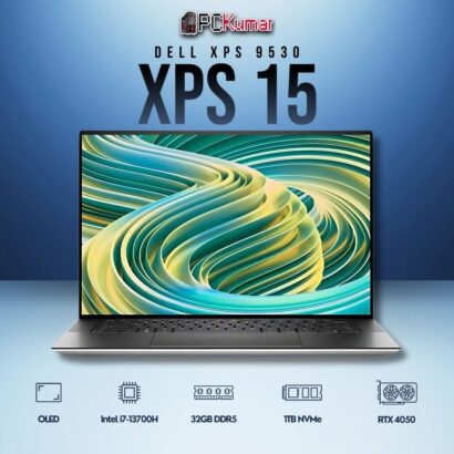 Dell XPS 15 (9530) laptop featuring i7-13700H, NVIDIA RTX 4050, 32GB RAM, 1TB SSD, and 15.6" OLED Touch Display.