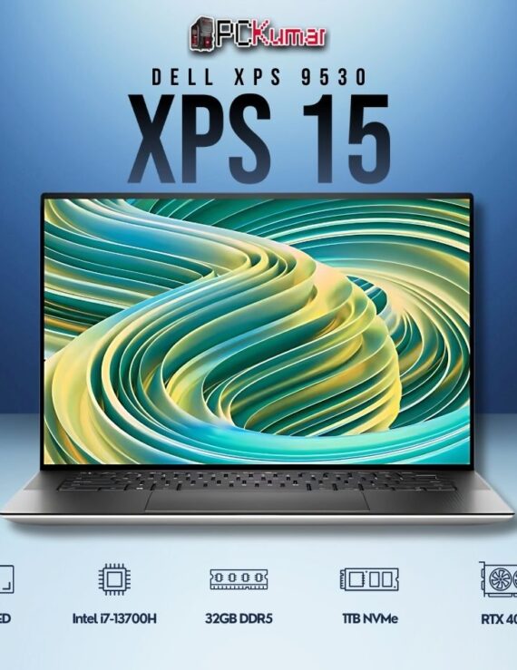 Dell XPS 15 (9530) laptop featuring i7-13700H, NVIDIA RTX 4050, 32GB RAM, 1TB SSD, and 15.6" OLED Touch Display.