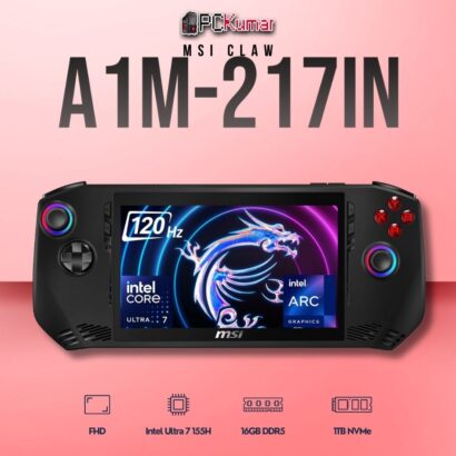 MSI Claw A1M-217IN laptop featuring Core 7 155H, UMA, 16GB RAM, 1TB storage, and a 7-inch FHD display.