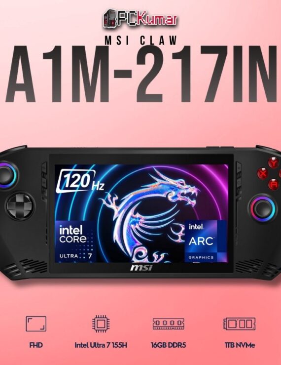 MSI Claw A1M-217IN laptop featuring Core 7 155H, UMA, 16GB RAM, 1TB storage, and a 7-inch FHD display.