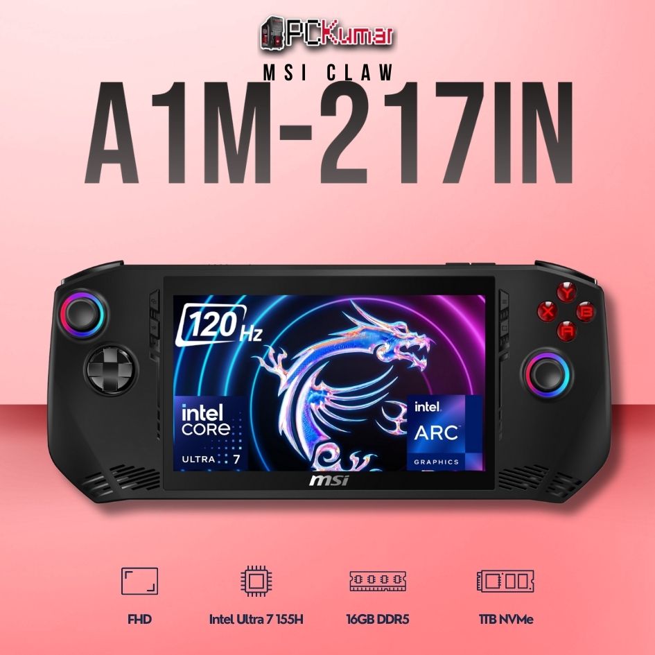 MSI Claw A1M-217IN laptop featuring Core 7 155H, UMA, 16GB RAM, 1TB storage, and a 7-inch FHD display.