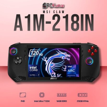 MSI Claw A1M-218IN laptop featuring Core 7 155H, UMA, 16GB RAM, 512GB storage, and a 7-inch FHD display.