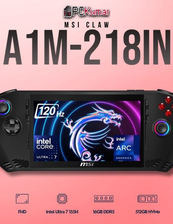 MSI Claw A1M-218IN laptop featuring Core 7 155H, UMA, 16GB RAM, 512GB storage, and a 7-inch FHD display.