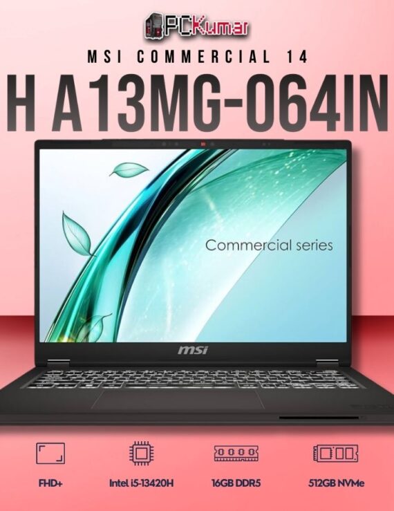 MSI Commercial 14 A13MG-064IN laptop with i5-13420H, UMA, 16GB RAM, 512GB storage, and a 14-inch FHD+ display.
