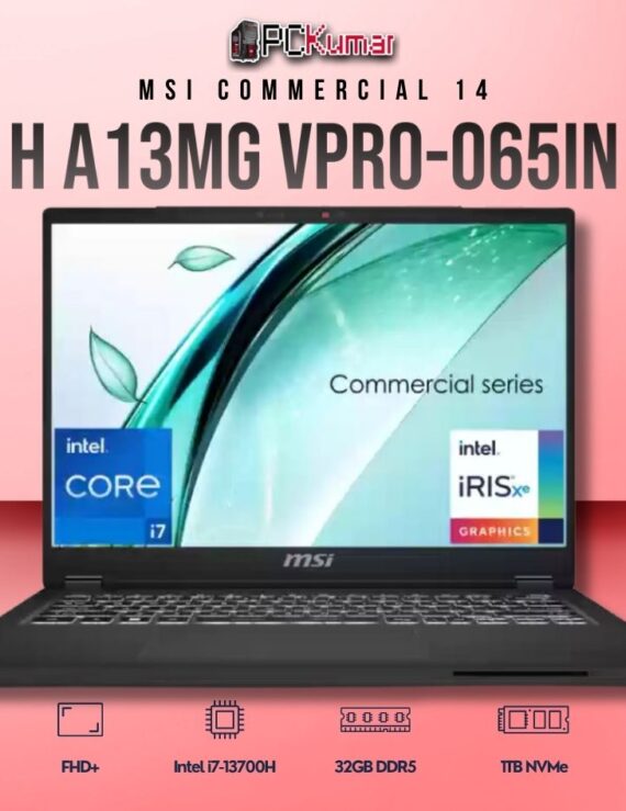 MSI Commercial 14 A13MG vPro-065IN laptop featuring i7-13700H, UMA, 16GB RAM, 1TB storage, and a 14-inch FHD+ display.