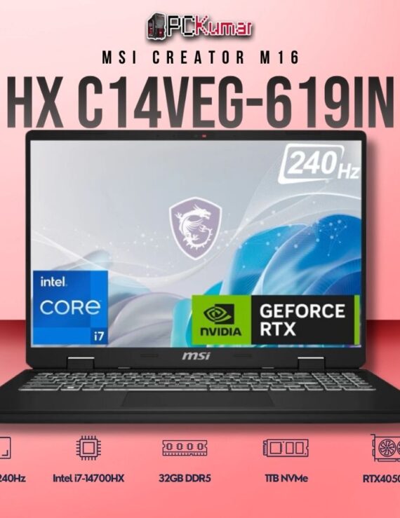 MSI Creator M16 C14VEG-619IN laptop featuring i7-14700HX, RTX 4050, 16GB RAM, 1TB storage, and a 16-inch QHD+ 240Hz display.
