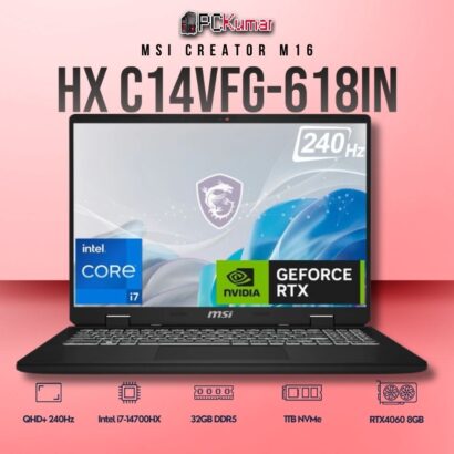 MSI Creator M16 C14VFG-618IN laptop featuring i7-14700HX, RTX 4060, 16GB RAM, 1TB storage, and a 16-inch QHD+ 240Hz display.