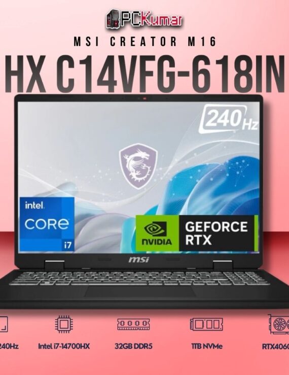 MSI Creator M16 C14VFG-618IN laptop featuring i7-14700HX, RTX 4060, 16GB RAM, 1TB storage, and a 16-inch QHD+ 240Hz display.