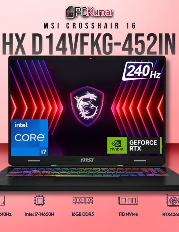 MSI Crosshair 16 D14VFKG-452IN laptop with i7-14650HX, RTX 4060, 16GB RAM, 1TB storage, and a 16-inch QHD+ 240Hz display.