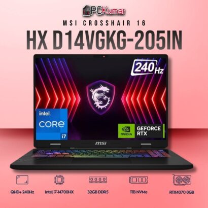 MSI Crosshair 16 D14VGKG-205IN laptop featuring i7-14700HX, RTX 4070, 16GB RAM, 1TB storage, and a 16-inch QHD+ 240Hz display.