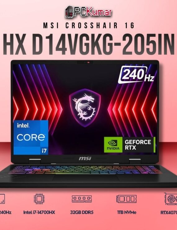 MSI Crosshair 16 D14VGKG-205IN laptop featuring i7-14700HX, RTX 4070, 16GB RAM, 1TB storage, and a 16-inch QHD+ 240Hz display.