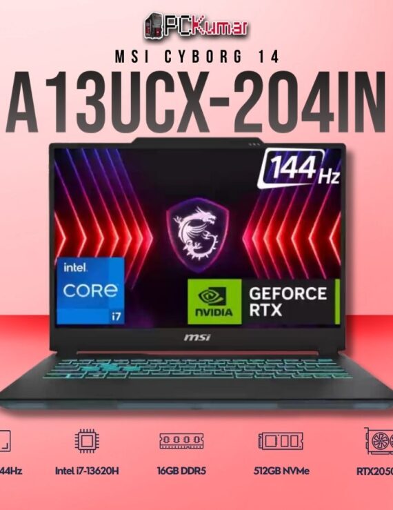 MSI Cyborg 14 A13UCX-204IN laptop with i7-13620H, RTX 2050, 16GB RAM, 512GB storage, and a 14-inch FHD+ 144Hz display.