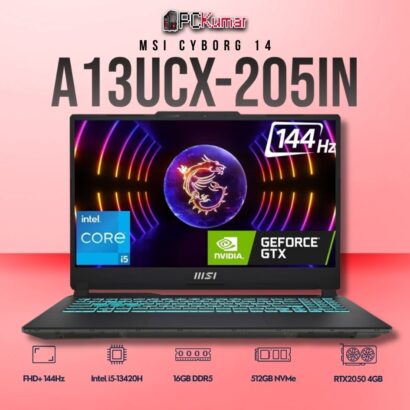 MSI Cyborg 14 A13UCX-205IN laptop featuring i5-13420H, RTX 2050, 16GB RAM, 512GB storage, and a 14-inch FHD+ 144Hz display.