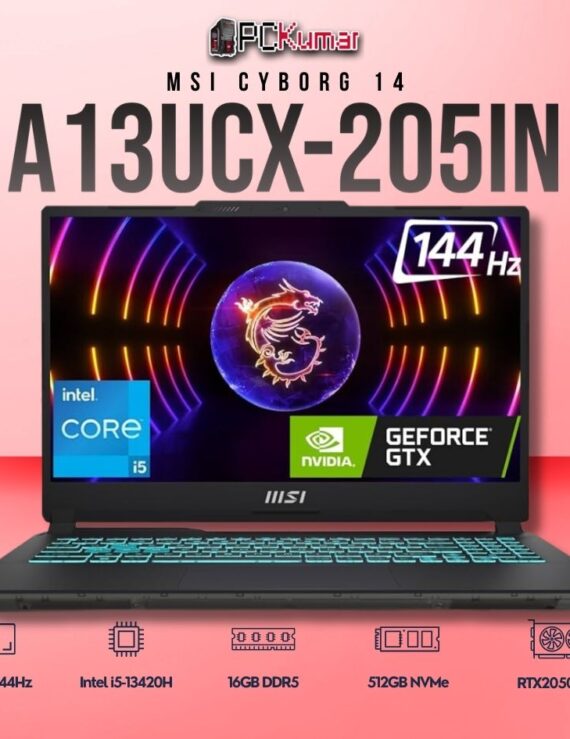 MSI Cyborg 14 A13UCX-205IN laptop featuring i5-13420H, RTX 2050, 16GB RAM, 512GB storage, and a 14-inch FHD+ 144Hz display.