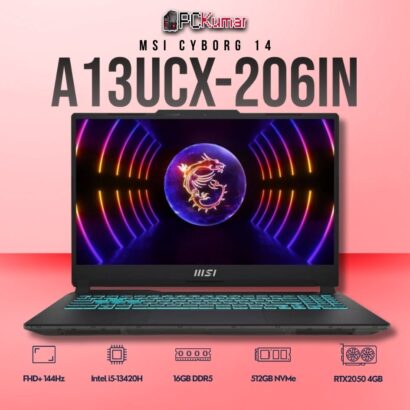 MSI Cyborg 14 A13UCX-206IN laptop with i5-13420H, RTX 2050, 8GB RAM, 512GB storage, and a 14-inch FHD+ 144Hz display.