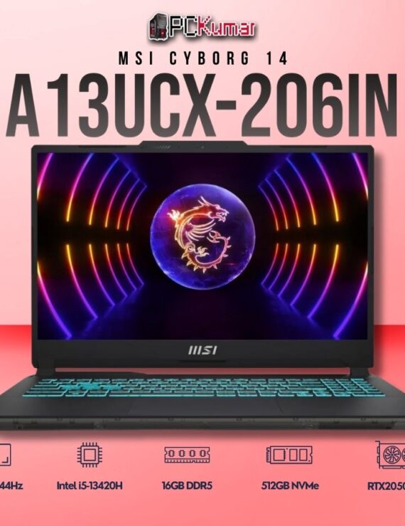 MSI Cyborg 14 A13UCX-206IN laptop with i5-13420H, RTX 2050, 8GB RAM, 512GB storage, and a 14-inch FHD+ 144Hz display.