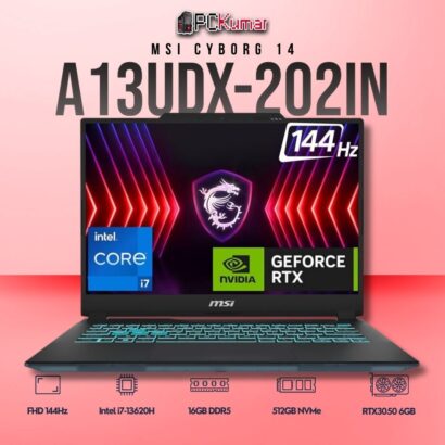 MSI Cyborg 14 A13UDX-202IN laptop featuring i7-13620H, RTX 3050 6GB, 16GB RAM, 512GB storage, and a 14-inch FHD+ 144Hz display.