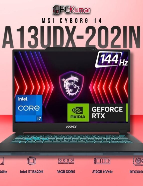 MSI Cyborg 14 A13UDX-202IN laptop featuring i7-13620H, RTX 3050 6GB, 16GB RAM, 512GB storage, and a 14-inch FHD+ 144Hz display.
