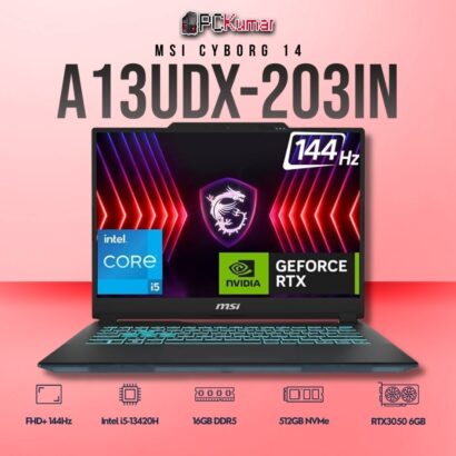 MSI Cyborg 14 A13UDX-203IN laptop featuring i5-13420H, RTX 3050 6GB, 16GB RAM, 512GB storage, and a 14-inch FHD+ 144Hz display.