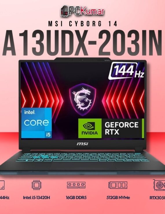 MSI Cyborg 14 A13UDX-203IN laptop featuring i5-13420H, RTX 3050 6GB, 16GB RAM, 512GB storage, and a 14-inch FHD+ 144Hz display.
