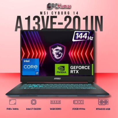 MSI Cyborg 14 A13VE-201IN laptop featuring i7-13620H, RTX 4050, 16GB RAM, 512GB storage, and a 14-inch FHD+ 144Hz display.