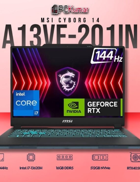 MSI Cyborg 14 A13VE-201IN laptop featuring i7-13620H, RTX 4050, 16GB RAM, 512GB storage, and a 14-inch FHD+ 144Hz display.