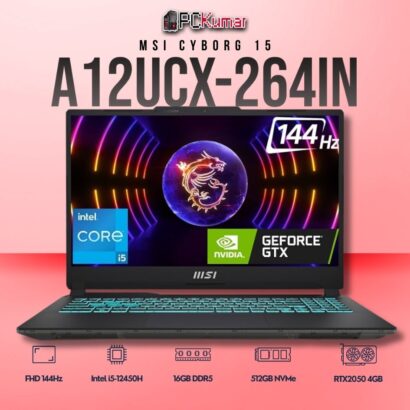 MSI Cyborg 15 A12UCX-264IN laptop with i5-12450H, RTX 2050, 16GB RAM, 512GB storage, and a 15.6-inch FHD 144Hz display.