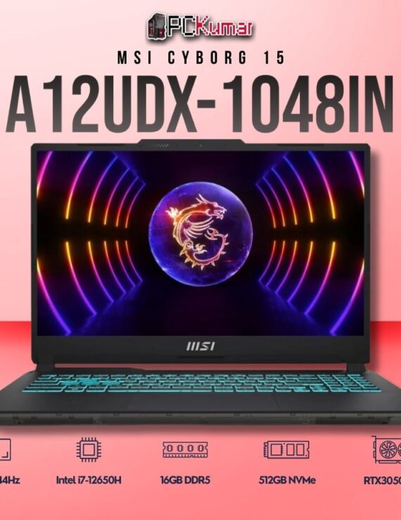 MSI Cyborg 15 A12UDX-1048IN laptop featuring i7-12650H, RTX 3050 6GB, 16GB RAM, 512GB storage, and a 15.6-inch FHD 144Hz display.