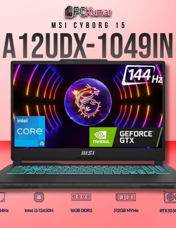 MSI Cyborg 15 A12UDX-1049IN laptop with i5-12450H, RTX 3050 6GB, 16GB RAM, 512GB storage, and a 15.6-inch FHD 144Hz display.