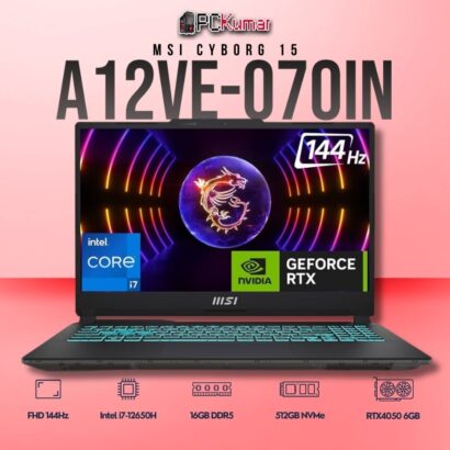 MSI Cyborg 15 A12VE-070IN laptop featuring i7-12650H, RTX 4050, 16GB RAM, 512GB storage, and a 15.6-inch FHD 144Hz display.