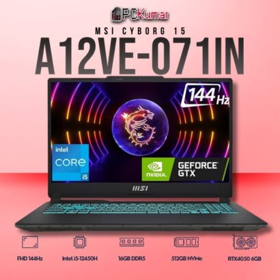 MSI Cyborg 15 A12VE-071IN laptop featuring i5-12450H, RTX 4050, 16GB RAM, 512GB storage, and a 15.6-inch FHD 144Hz display.