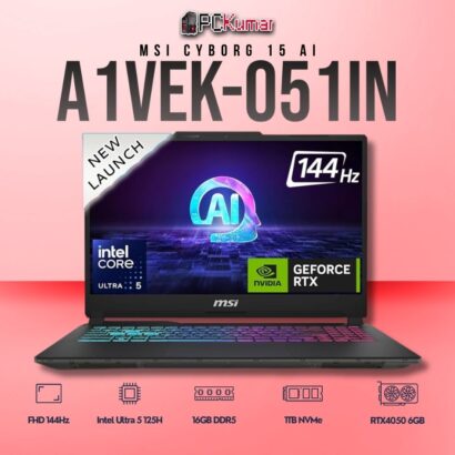 MSI Cyborg 15 A1VEK-051IN laptop with Core 5 125H, RTX 4050, 16GB RAM, 1TB storage, and a 15.6-inch FHD 144Hz display.