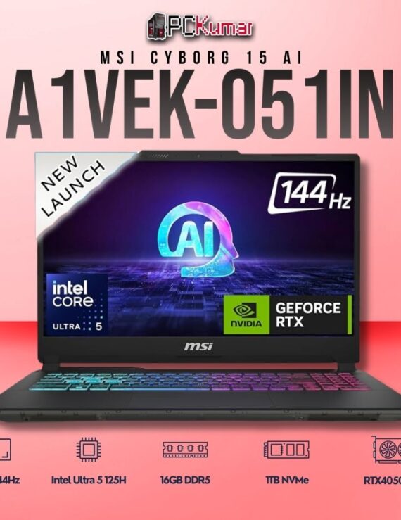 MSI Cyborg 15 A1VEK-051IN laptop with Core 5 125H, RTX 4050, 16GB RAM, 1TB storage, and a 15.6-inch FHD 144Hz display.