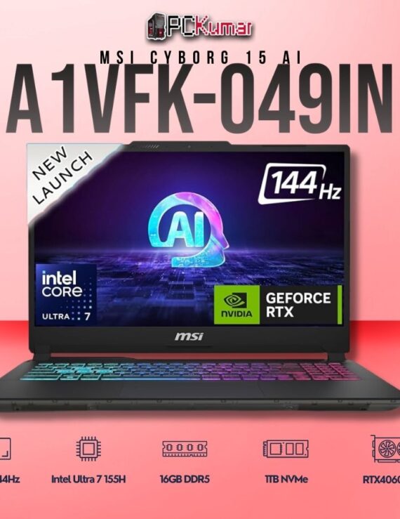 MSI Cyborg 15 A1VFK-049IN laptop with Core 7 155H, RTX 4060, 16GB RAM, 1TB storage, and a 15.6-inch FHD 144Hz display.