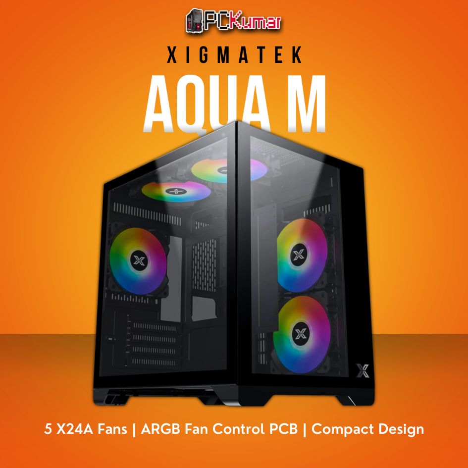 Xigmatek Aqua M Black Micro ATX Case with 5 X24A Fans and ARGB Fan Control PCB.