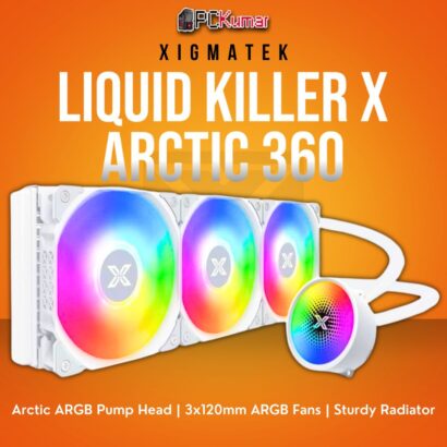 Xigmatek Liquid Killer X Arctic 360 AIO Liquid Cooler with ARGB Pump Head and 3x120mm ARGB Fans.