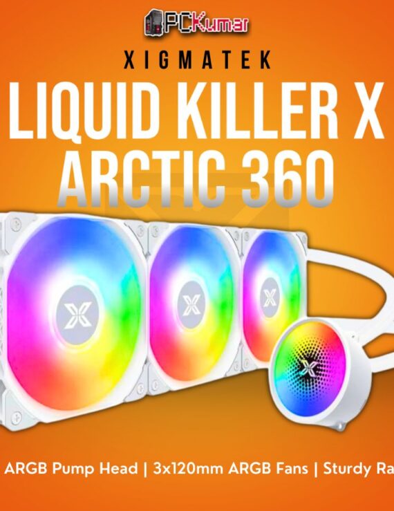 Xigmatek Liquid Killer X Arctic 360 AIO Liquid Cooler with ARGB Pump Head and 3x120mm ARGB Fans.