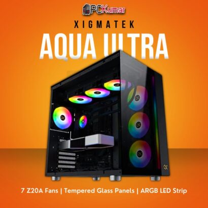 Xigmatek AQUA Ultra Black E-ATX Case with 7 Z20A Fans and Front ARGB LED Strip.