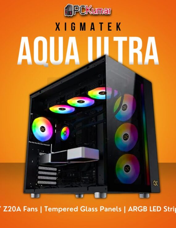 Xigmatek AQUA Ultra Black E-ATX Case with 7 Z20A Fans and Front ARGB LED Strip.