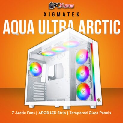 Xigmatek AQUA Ultra Arctic White E-ATX Case with 7 Z20A Arctic Fans and Front ARGB LED Strip.