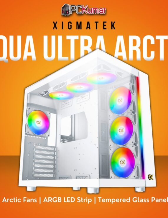 Xigmatek AQUA Ultra Arctic White E-ATX Case with 7 Z20A Arctic Fans and Front ARGB LED Strip.