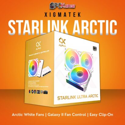 Xigmatek Starlink Ultra Arctic 3-Pack White ARGB Fans with Galaxy II Fan Control Box and PWM Cables.