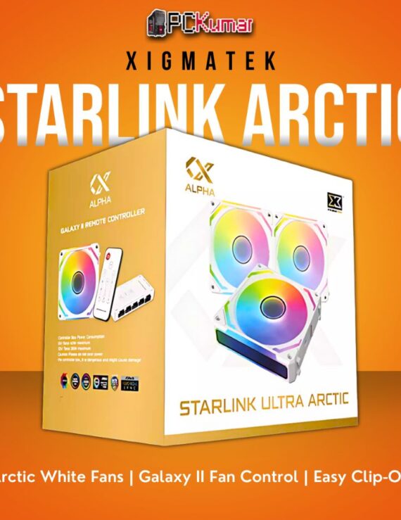 Xigmatek Starlink Ultra Arctic 3-Pack White ARGB Fans with Galaxy II Fan Control Box and PWM Cables.
