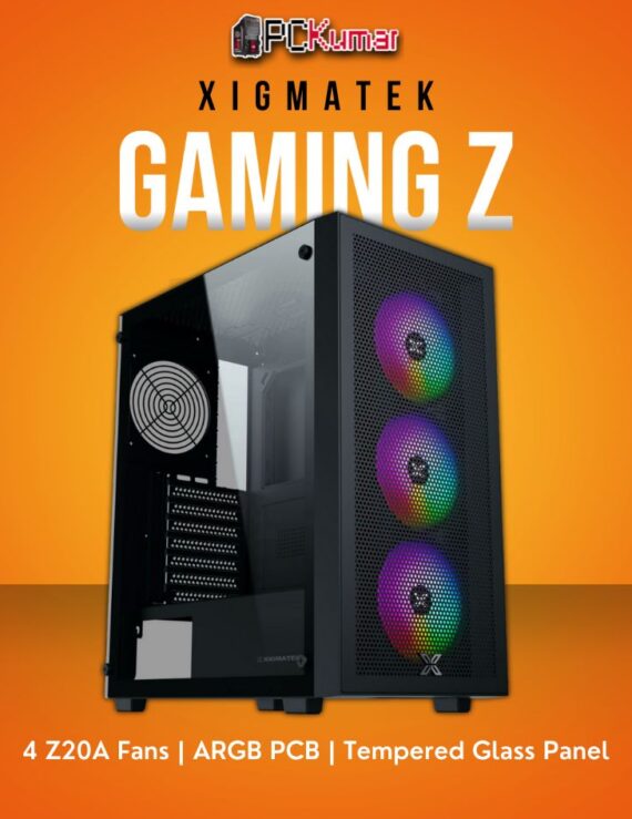 Xigmatek Gaming Z Black ATX Case with 4 Z20A Fans and ARGB PCB.