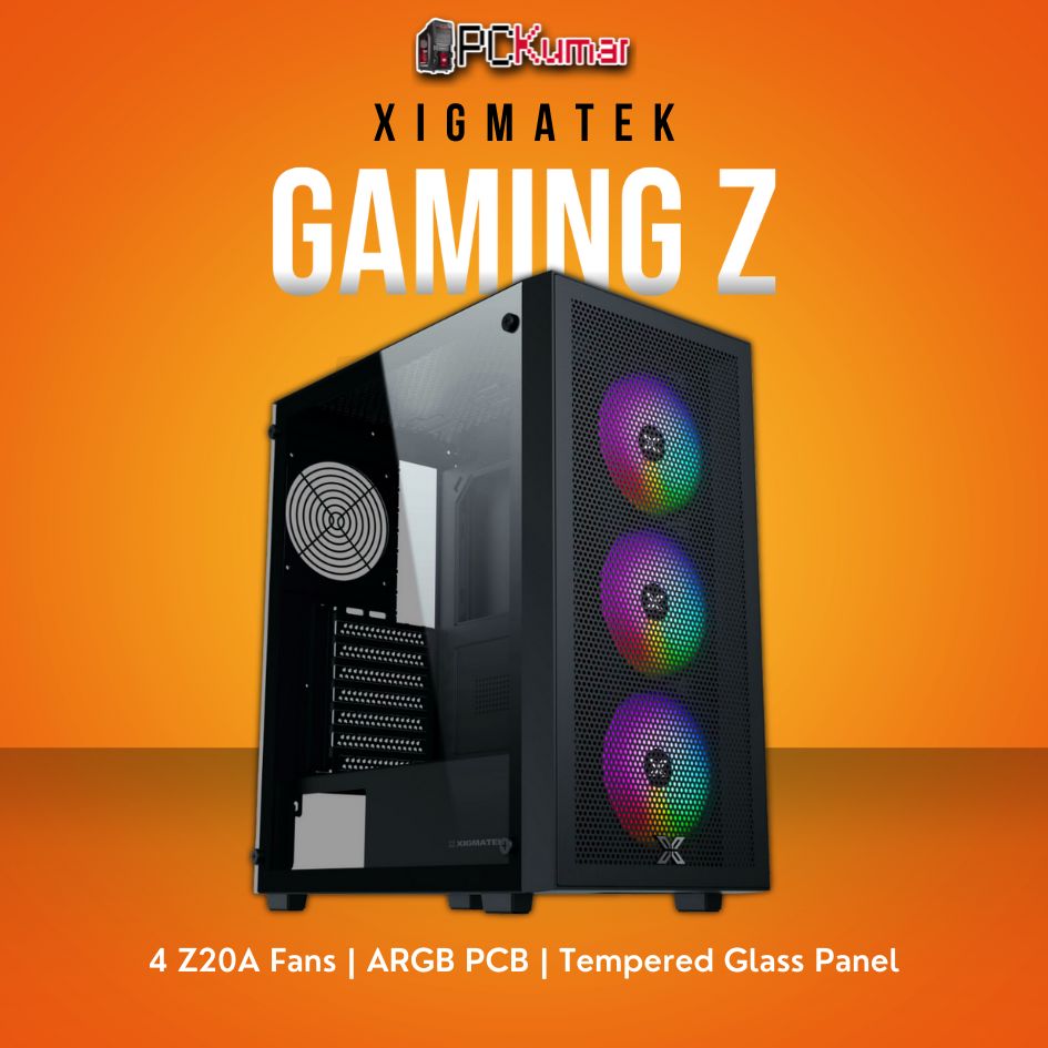 Xigmatek Gaming Z Black ATX Case with 4 Z20A Fans and ARGB PCB.
