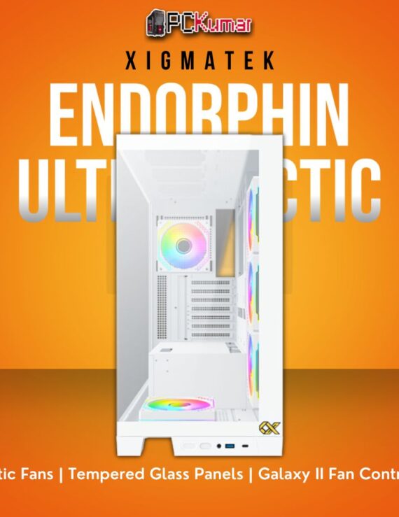 Xigmatek Endorphin Ultra Arctic White ATX Case with 5 M20A Arctic Fans and Galaxy II Fan Control Kit.