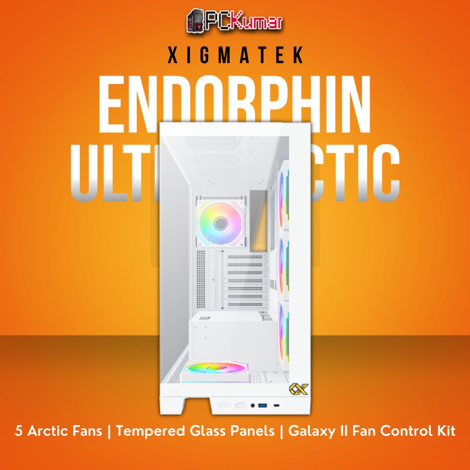 Xigmatek Endorphin Ultra Arctic White ATX Case with 5 M20A Arctic Fans and Galaxy II Fan Control Kit.