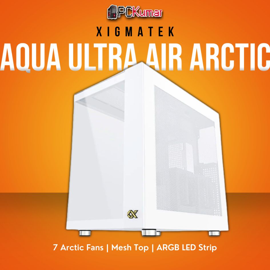 Xigmatek AQUA Ultra Air Arctic White E-ATX Case with 7 Z20A Arctic Fans and Mesh Top.