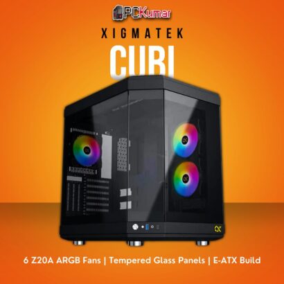 Xigmatek CUBI Black E-ATX Case with 6 ARGB Fans and Tempered Glass Panels.