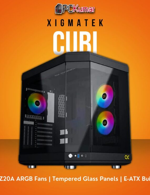 Xigmatek CUBI Black E-ATX Case with 6 ARGB Fans and Tempered Glass Panels.